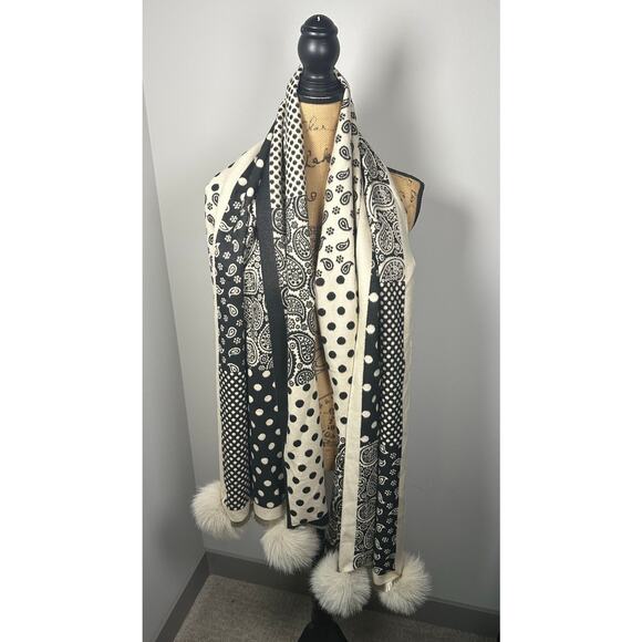 Cream & Black Polka Dot Paisley Wrap Scarf Women's OS - Picture 2 of 5